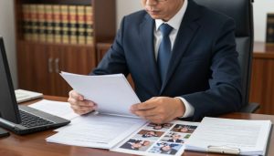 Attorney reviewing domestic violence case evidence and documents