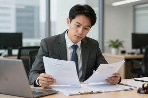 Attorney reviewing post-conviction relief case files in Los Angeles