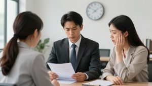 Attorney reviewing urgent legal documents with client in Los Angeles