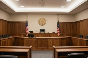 Courtroom interior with judge's bench and California state seal