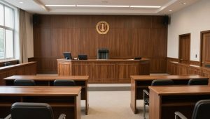 Courtroom interior with judge's bench and jury box
