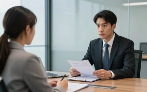 Criminal defense attorney consulting with client in private conference room
