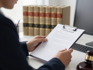 Criminal defense attorney reviewing case files