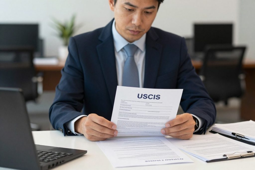 Immigration attorney reviewing USCIS documents in Los Angeles office Immigration attorney reviewing USCIS documents in Los Angeles office