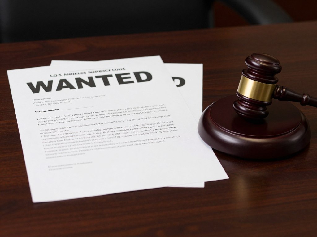 Los Angeles bench warrant document on judge's desk Los Angeles bench warrant document on judge's desk