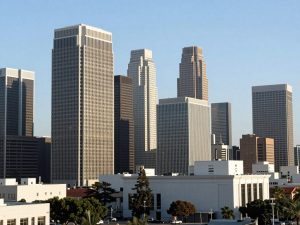 Los Angeles cityscape with immigration law office building