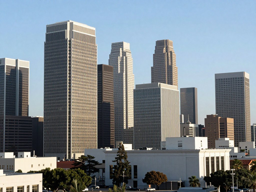 Los Angeles cityscape with immigration law office building Los Angeles cityscape with immigration law office building