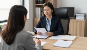 Attorney preparing client for asylum interview at USCIS office