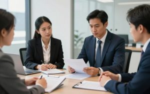 Business professionals reviewing employment visa documents