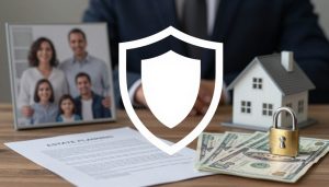 Concepto de protección patrimonial con escudo y documentos