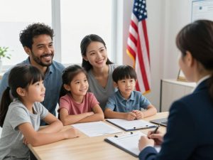 Diverse asylum seekers family receiving legal protection consultation