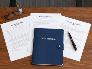 Documentos legales de planificación patrimonial sobre escritorio