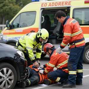 Emergency responders attending to injuries at car crash scene