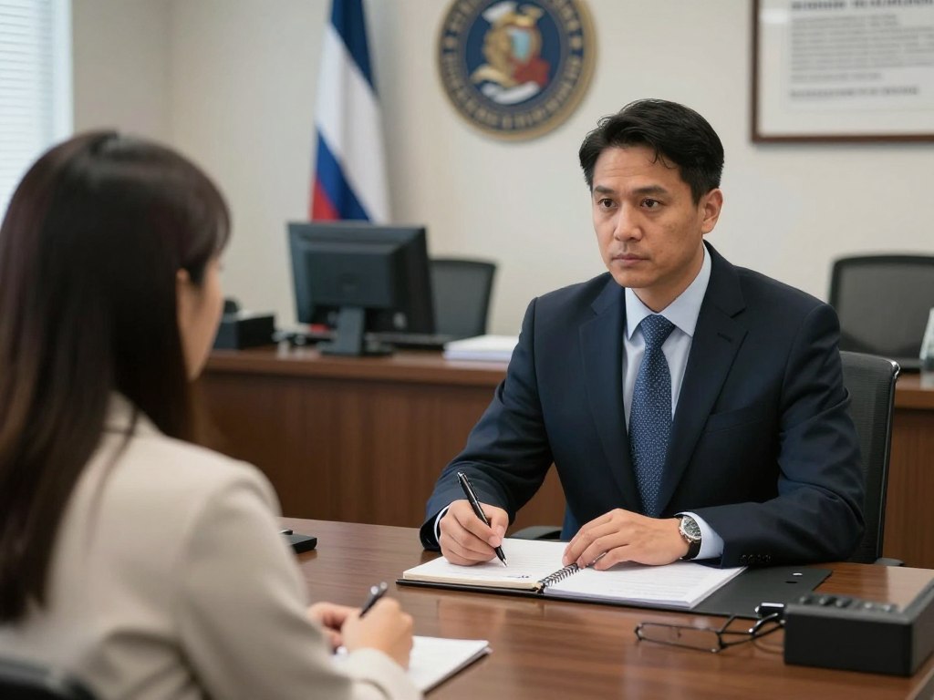 Immigration attorney representing client at USCIS interview in federal office Immigration attorney representing client at USCIS interview in federal office