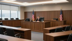 Immigration courtroom where motions to reopen are heard by judge