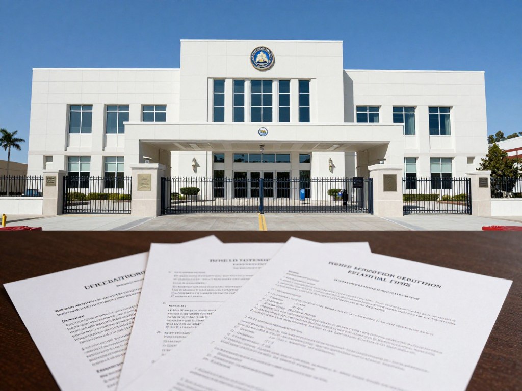 Immigration detention facility exterior with legal documentation Immigration detention facility exterior with legal documentation
