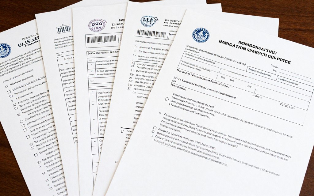 Immigration forms and applications for family petitions arranged with official stamps Immigration forms and applications for family petitions arranged with official stamps