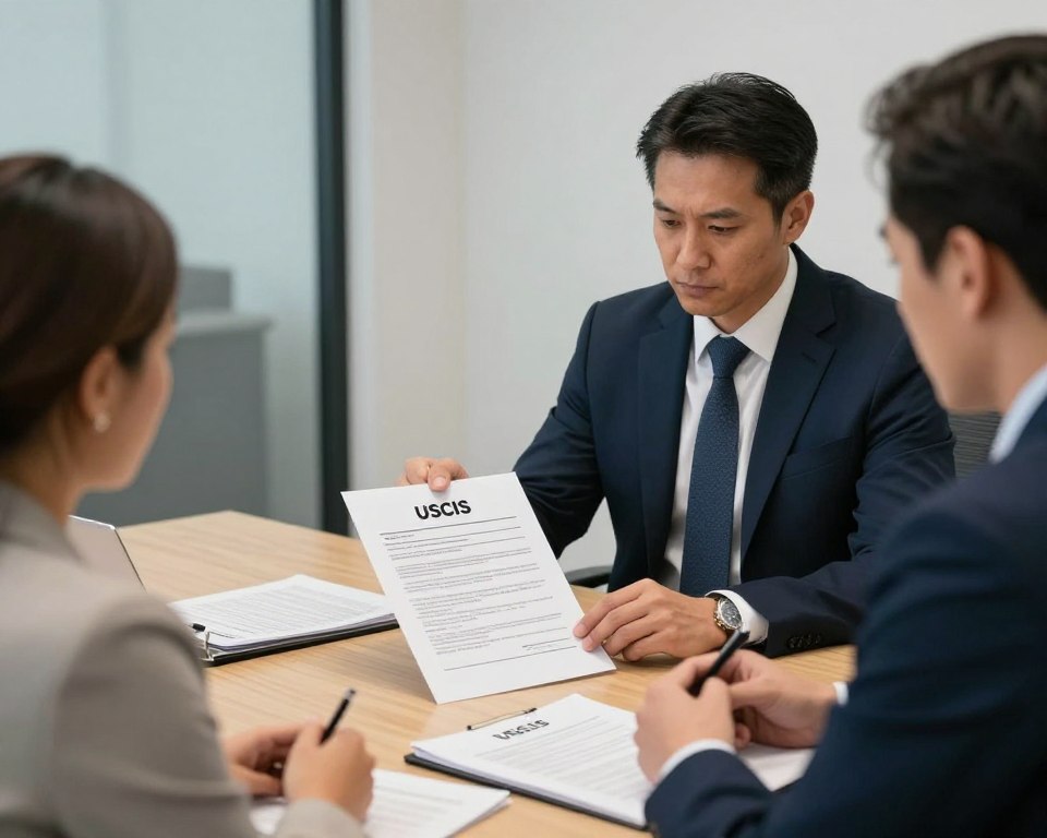 Immigration law attorney reviewing USCIS case file with client in Los Angeles Immigration law attorney reviewing USCIS case file with client in Los Angeles