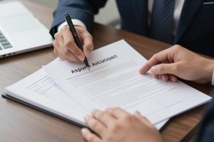 Immigration lawyer reviewing asylum application documents and evidence