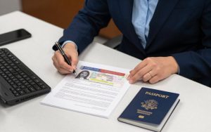 Immigration officer reviewing visa application documents at U.S. embassy