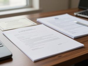 Legal documents and naturalization certificate on desk in law office