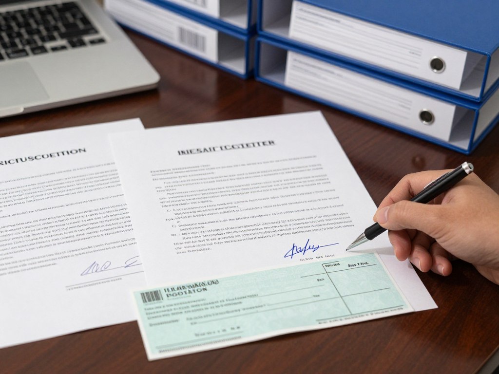 Legal documents and settlement check representing successful personal injury compensation Legal documents and settlement check representing successful personal injury compensation