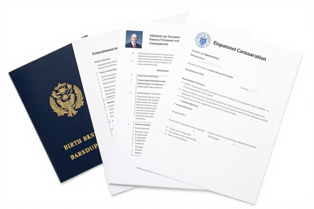 Organized stack of visa supporting documents and translations Organized stack of visa supporting documents and translations