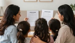 Padres protegiendo simbólicamente a sus hijos con documentos legales
