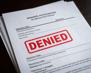 Rejected visa application documents with denial stamp