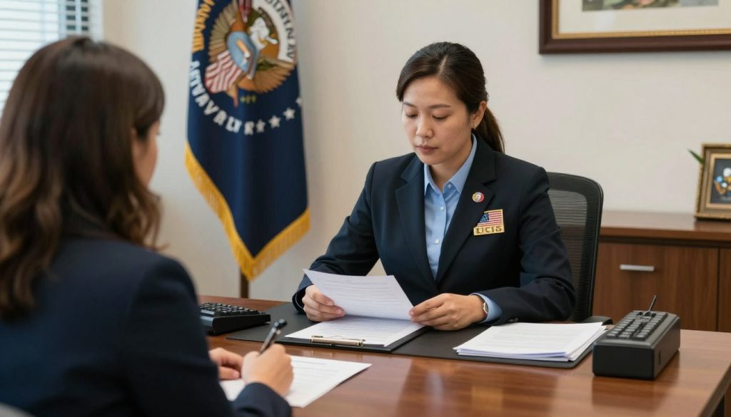 USCIS immigration officer conducting naturalization interview USCIS immigration officer conducting naturalization interview