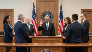 United States citizenship ceremony with new citizens taking the oath of allegiance