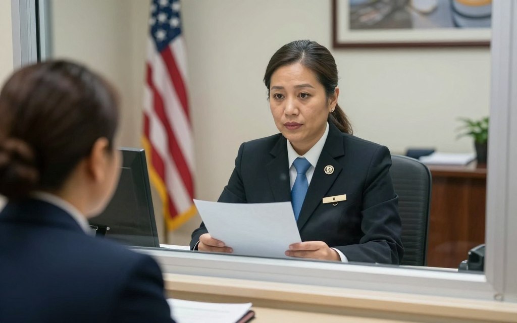 Visa interview taking place at U.S. embassy consular window Visa interview taking place at U.S. embassy consular window